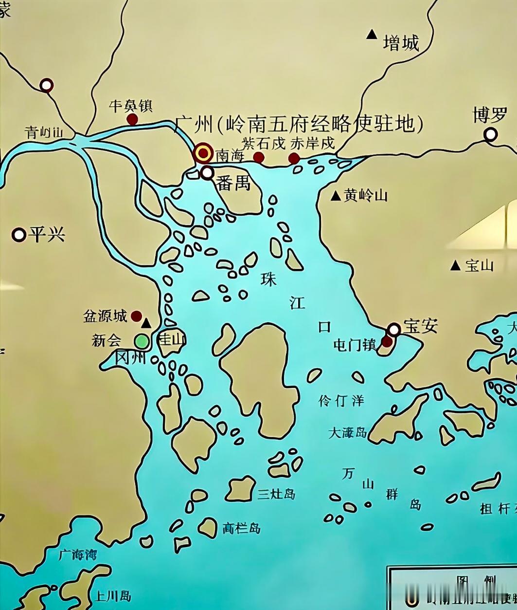 原来珠海中山在唐朝时期还是海洋啊！这是唐朝时期的珠三角示意图，可以看出原来那