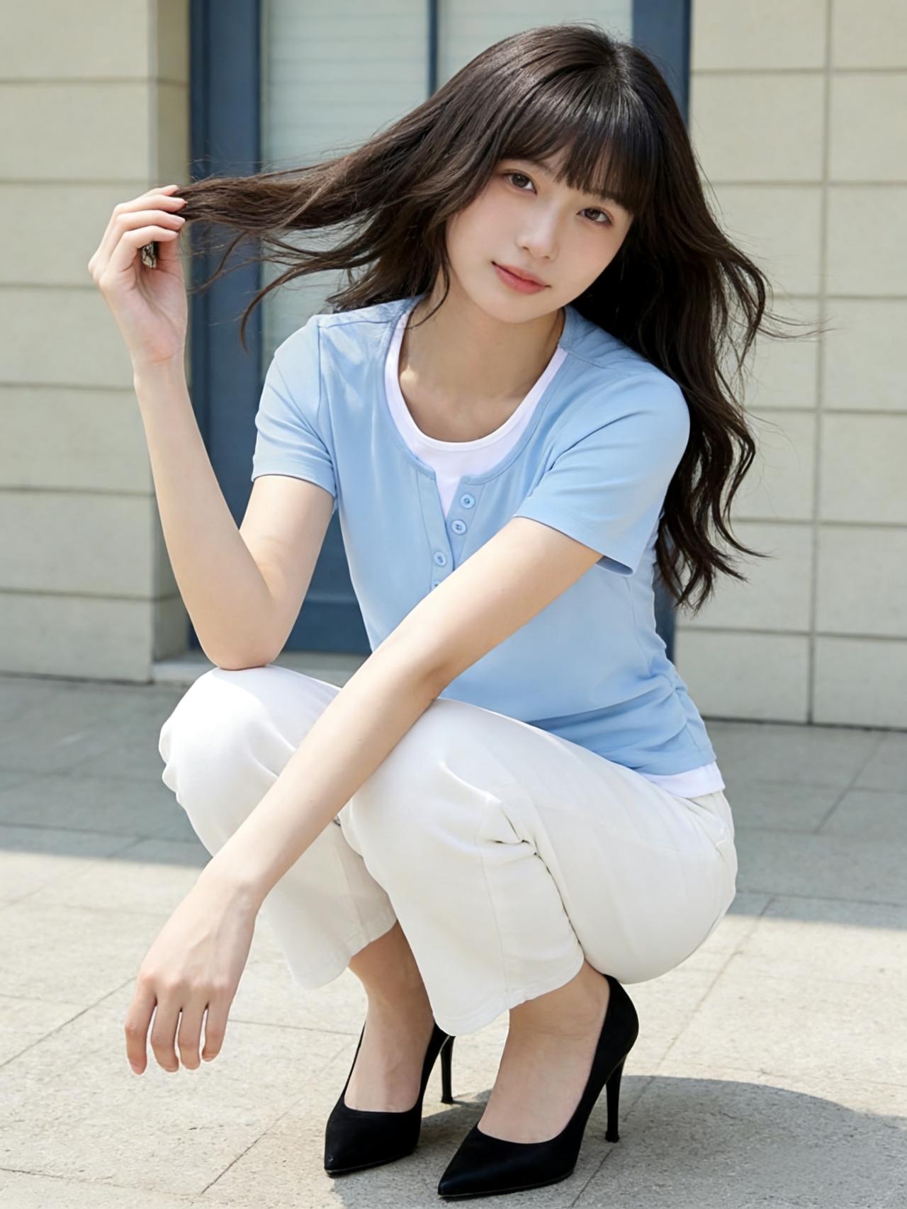 浅蓝色短袖如天空般澄澈，搭配纯白裤子，清新得像刚摘下的雏菊。轻盈的布料随风摆动，