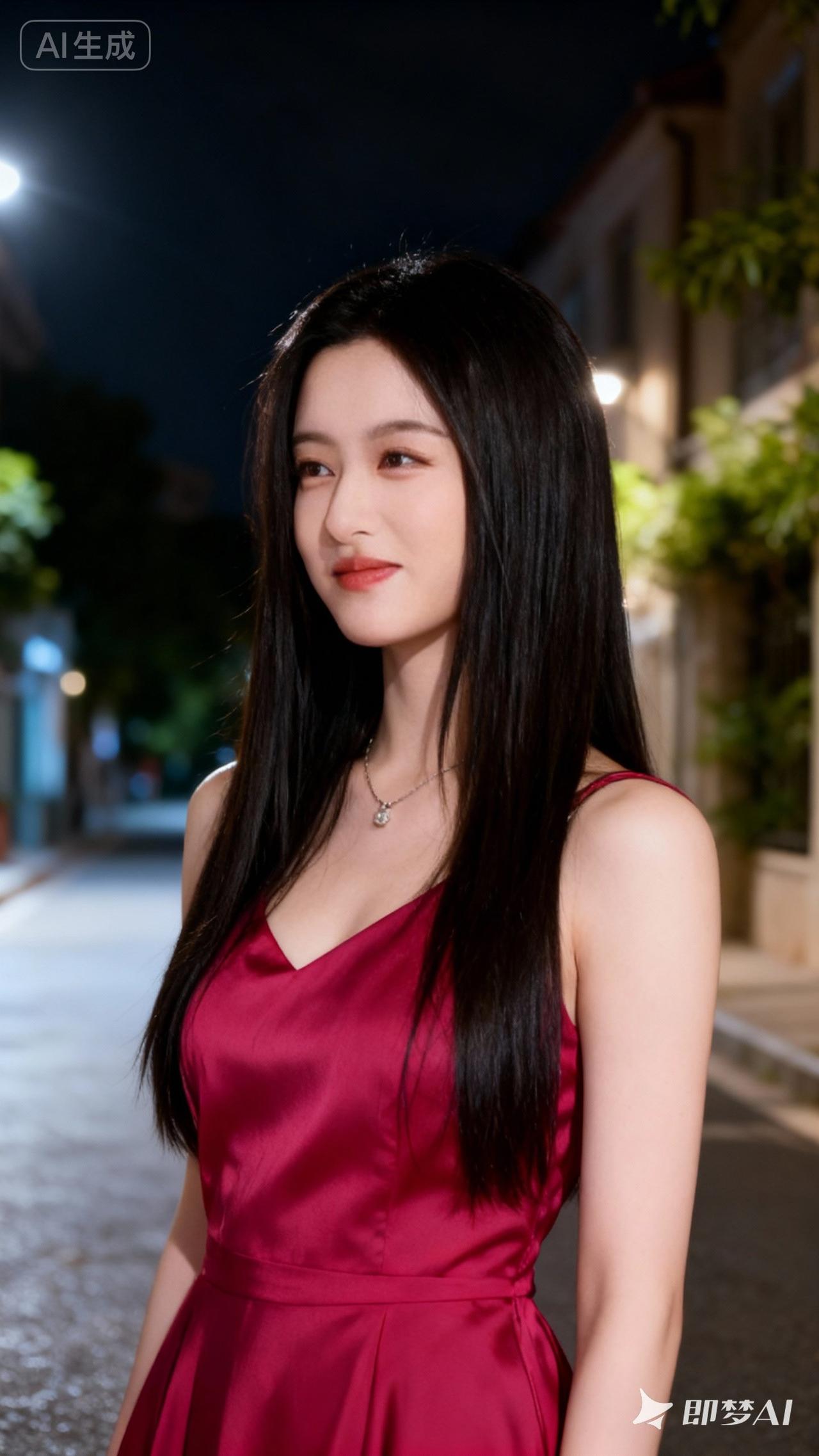 夜晚街头的红裙少女，散发着迷人的魅力