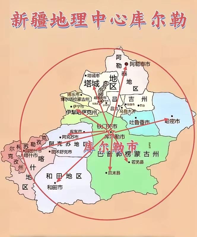 库尔勒市地处新疆的地理几何中心，恰好位于新疆版图的核心地带。若将新疆的四方极