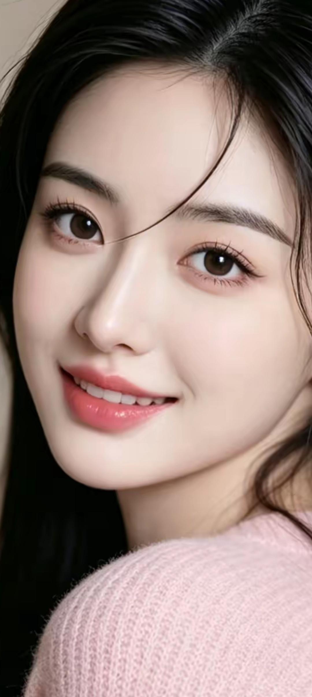 温柔甜美的少女，粉色毛衣搭配自然妆容，元气满满！🌸💖