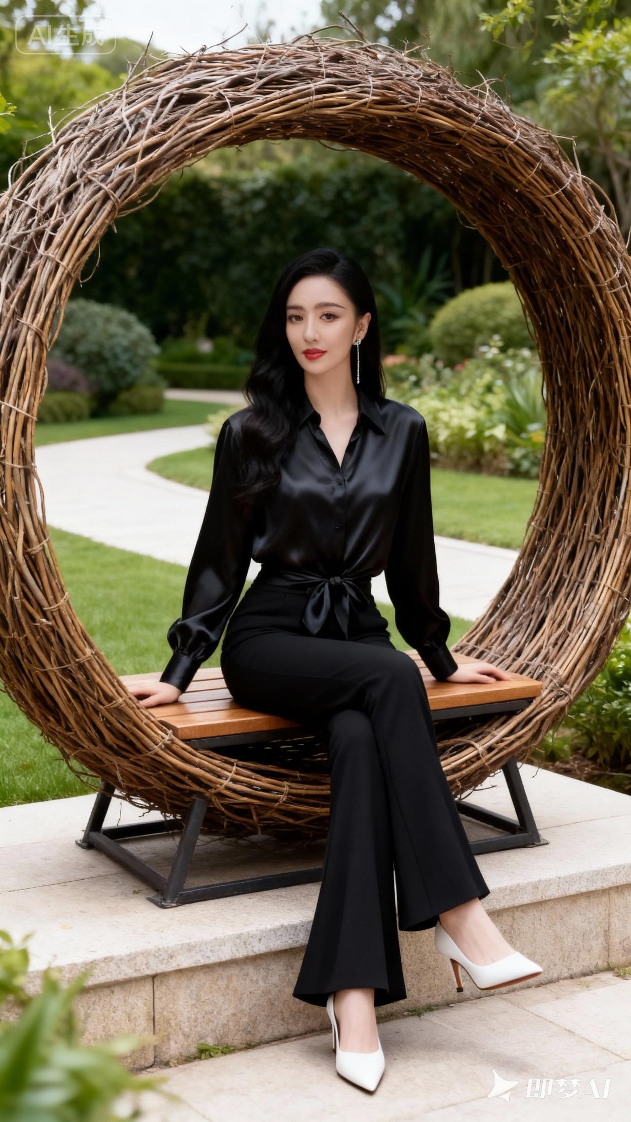 优雅黑丝缎套装，置身自然绿意中，尽显都市女性魅力。