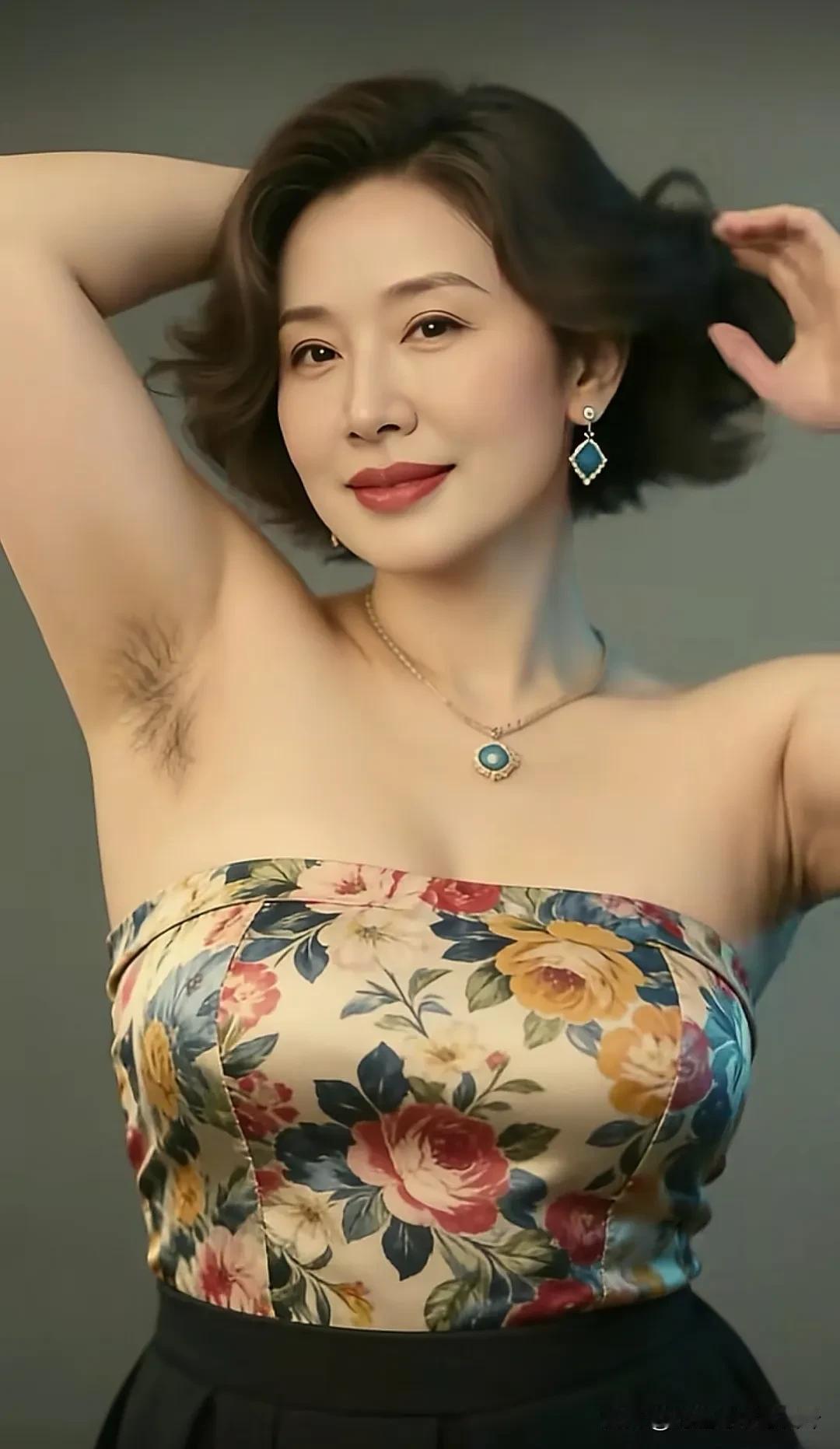 赏艳有感美女抱发韵无穷，腋露胸盈意态丰。花衣半掩风情显，浓唇轻含媚态融