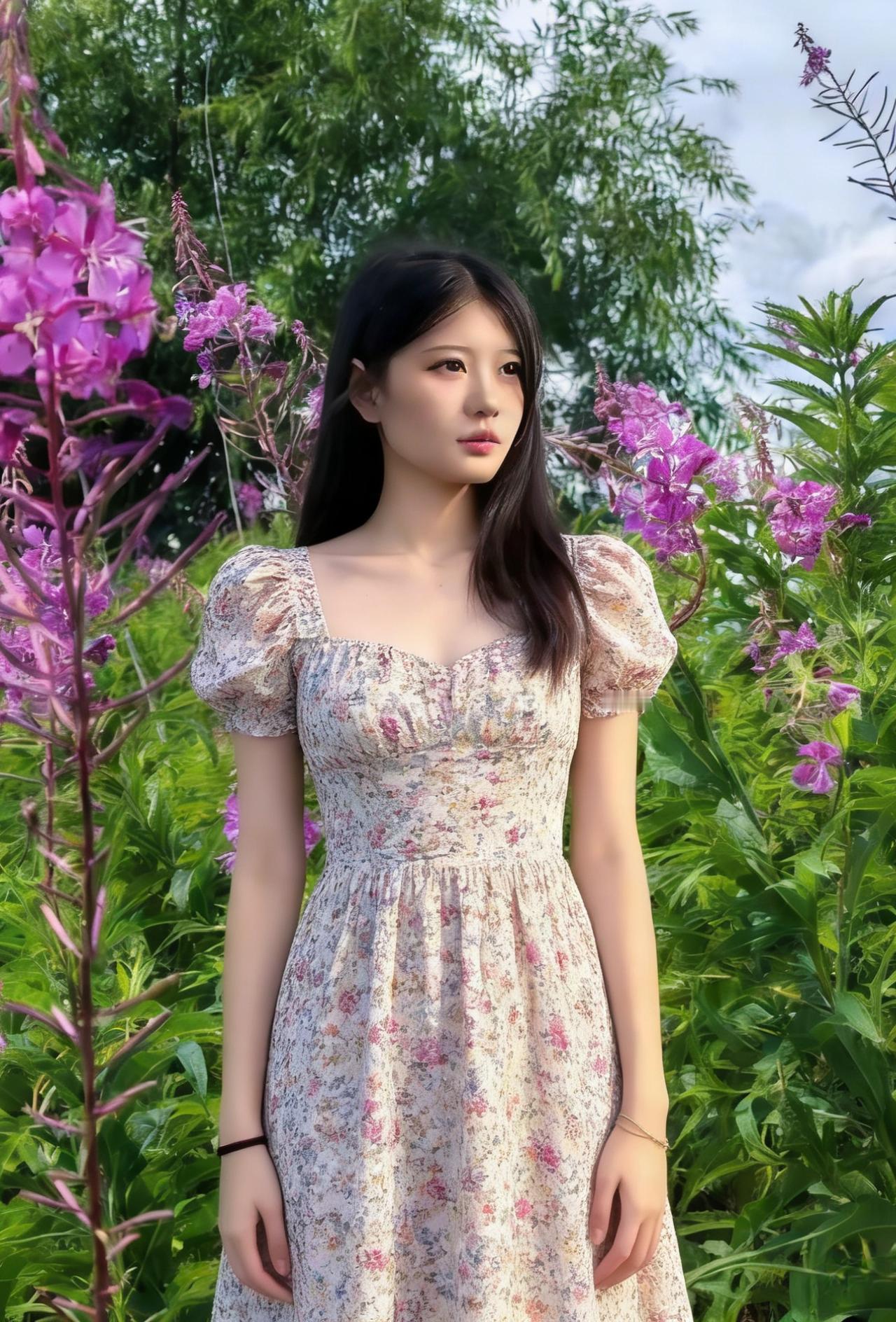 碎花罗裙映紫霞，亭亭立处胜桃花。香风拂袖浑不觉，目断春山数暮鸦。