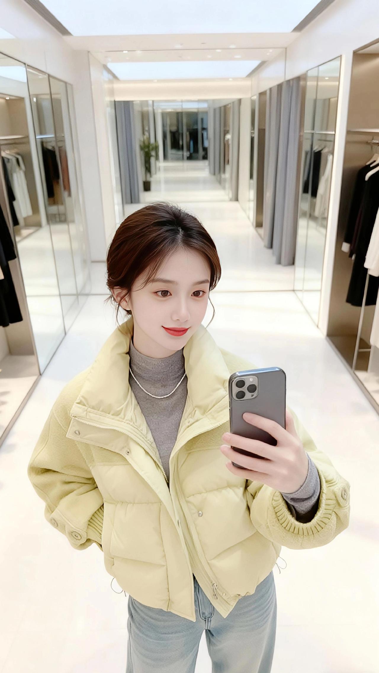 暖黄色的绒毛裹着蓬松的软，像把春天揉碎了织进冬衣里。试衣镜的光漫过她指尖，手机镜