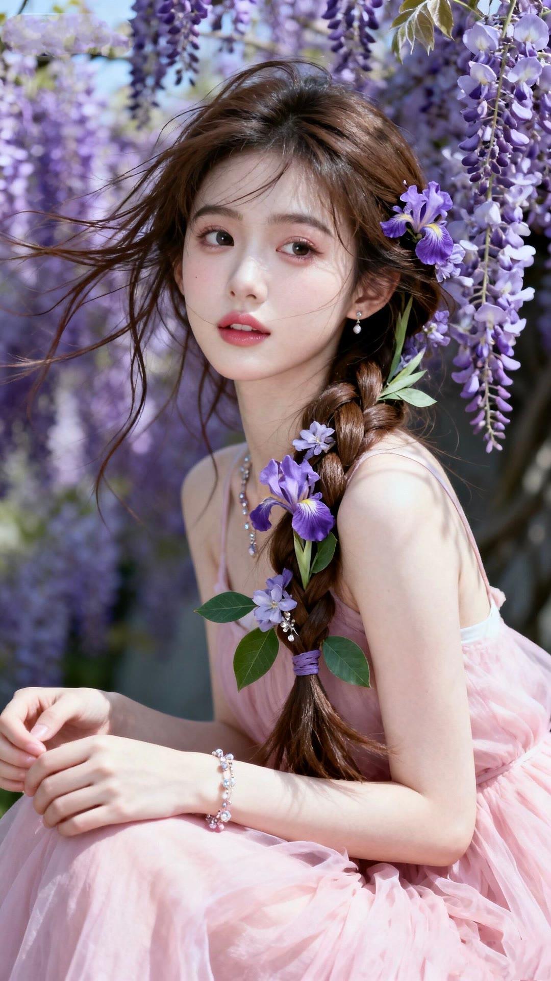 梦幻紫藤花海，少女甜美如画