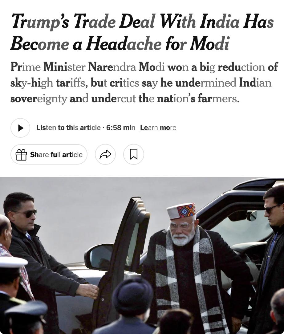 外媒：特朗普与印度的贸易协议给莫迪带来麻烦2026年2月3日特朗普宣布美国取