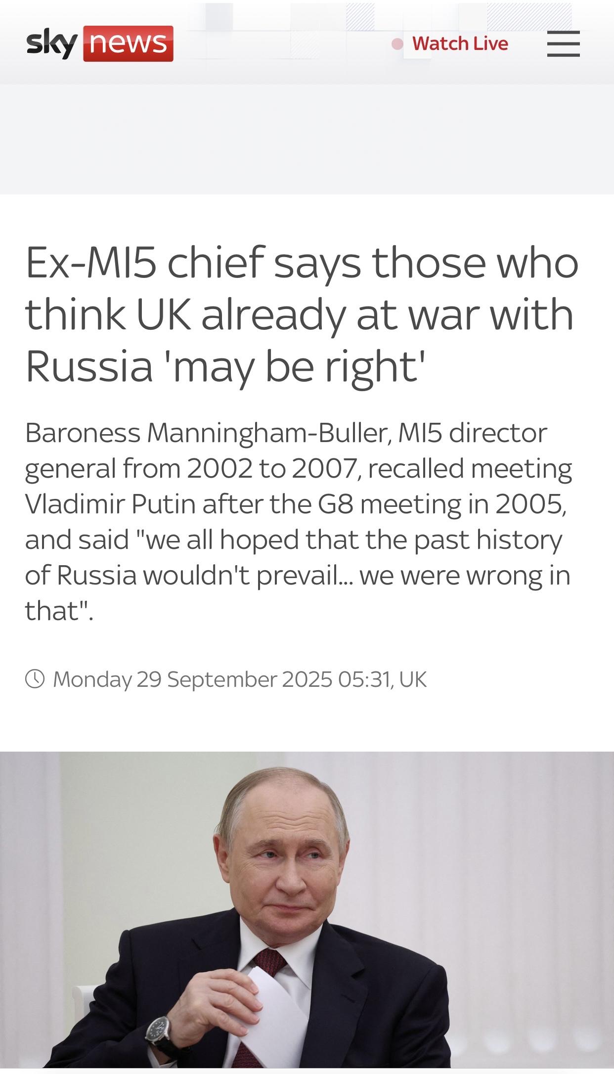 英媒：英国军情五处前处长认为”说英俄实际上已经处于交战状态的人可能是对的”英