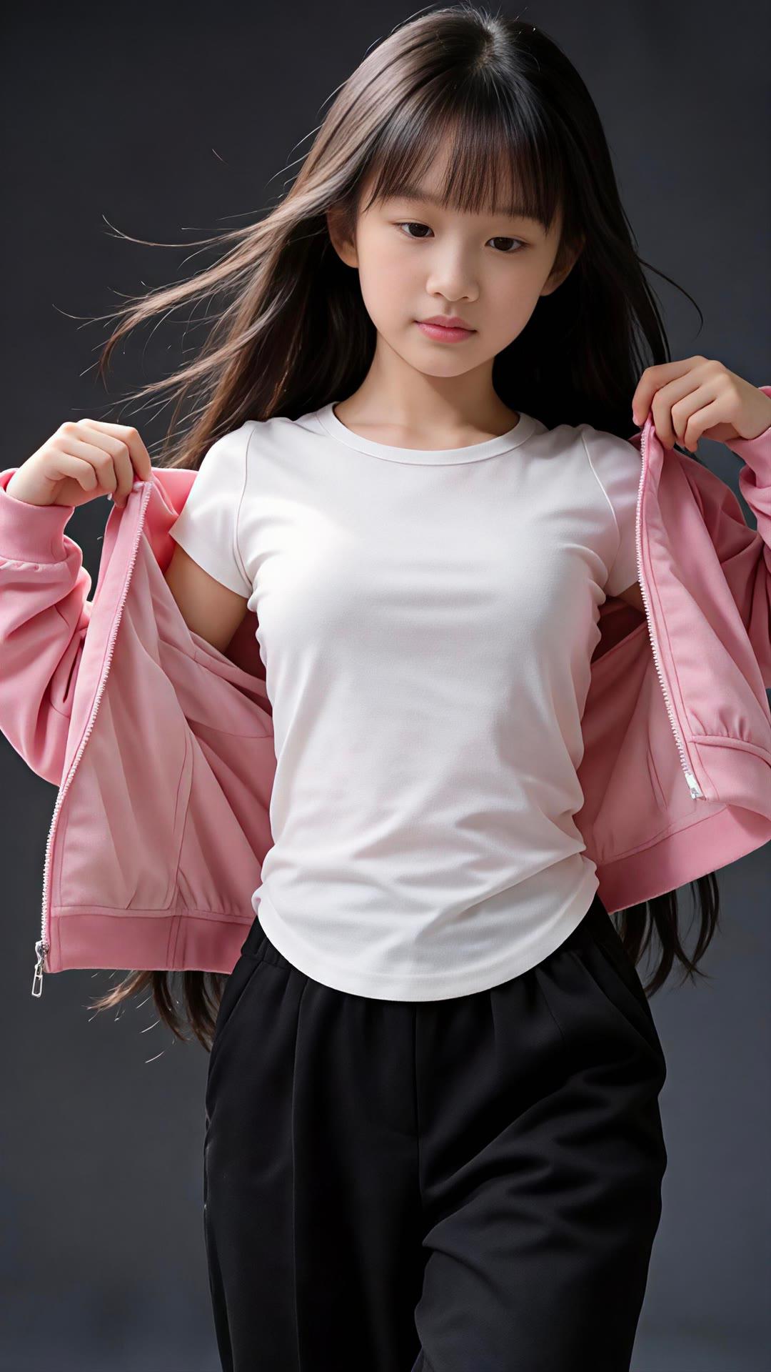 青春洋溢的小女孩，粉色外套搭配白色T恤，活力满满！🌟👧👕👖