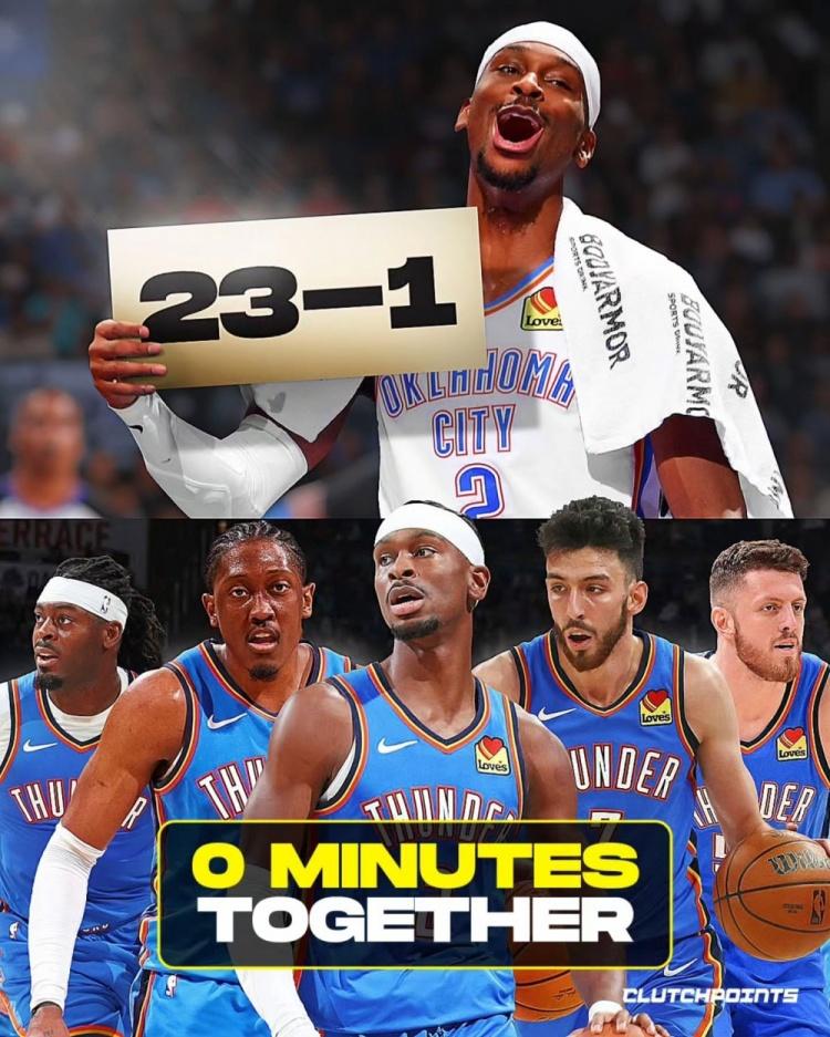 雷霆为什么这么强？开赛至今23胜1负高居全联盟第一。雷霆常规首发五人：亚历山大