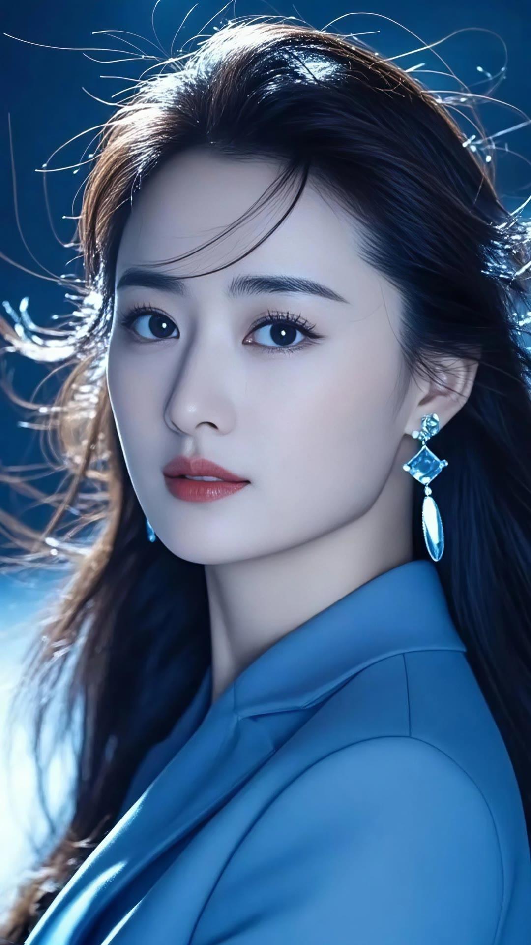 冷艳的蓝色调，优雅的女性魅力，闪耀的耳环，时尚与优雅的完美结合。