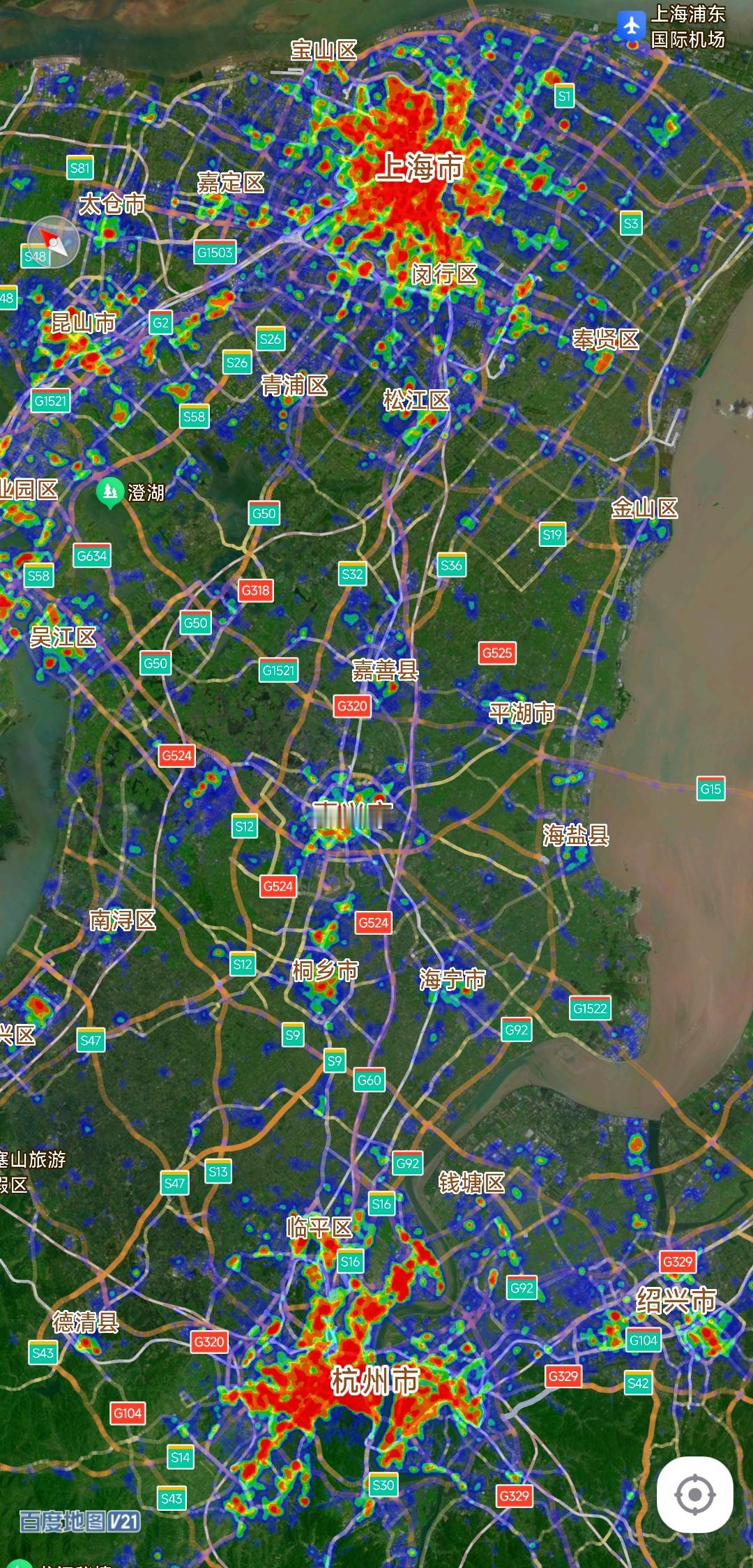 杭州市区外扩速度确实很快。从城市热力图看杭州市区面积大约有上海50%的规模，杭州