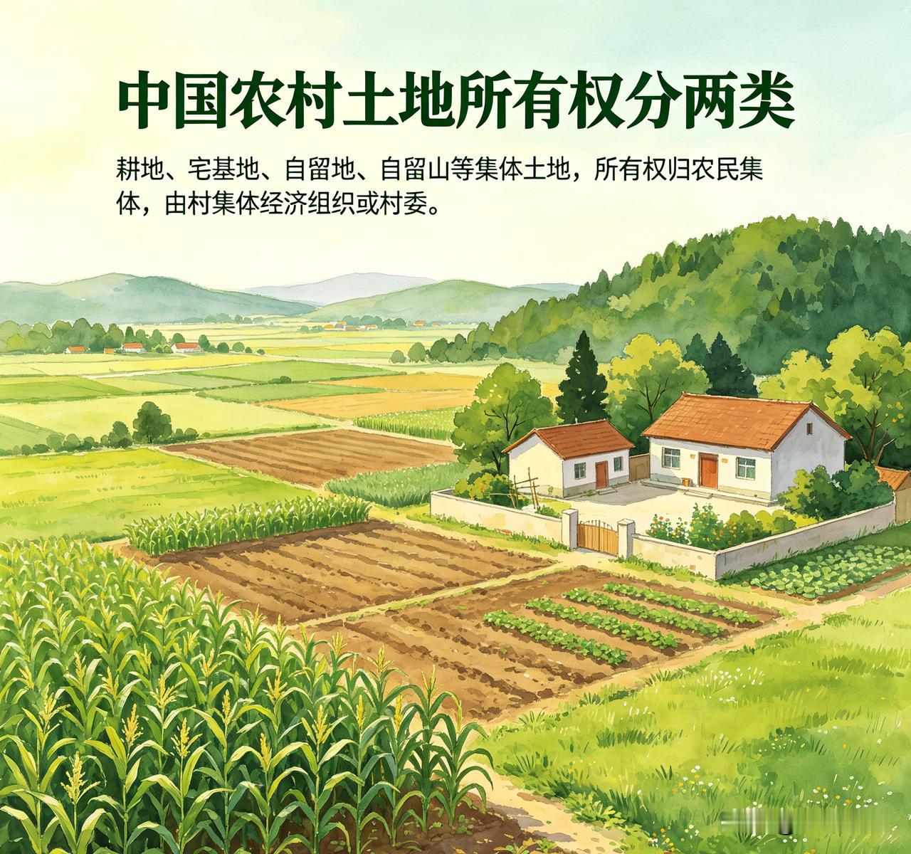 我国农村土地所有权分两类：1. 耕地、宅基地、自留地、自留山等集体土地，所