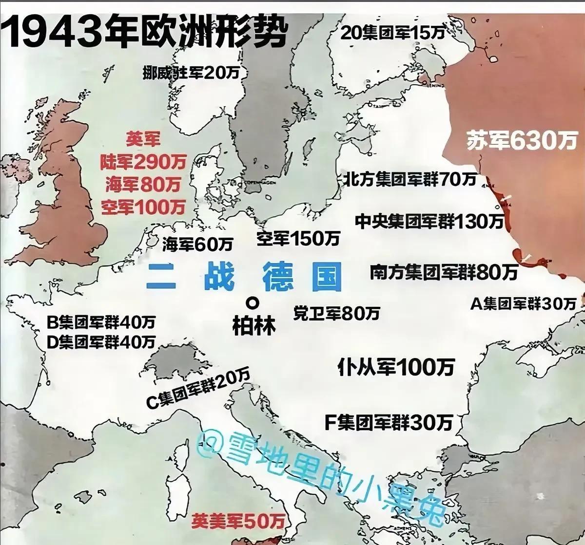透过1943年的欧洲形势图，二战中德国走向失败的征兆已极为明显。当时，德国已陷入