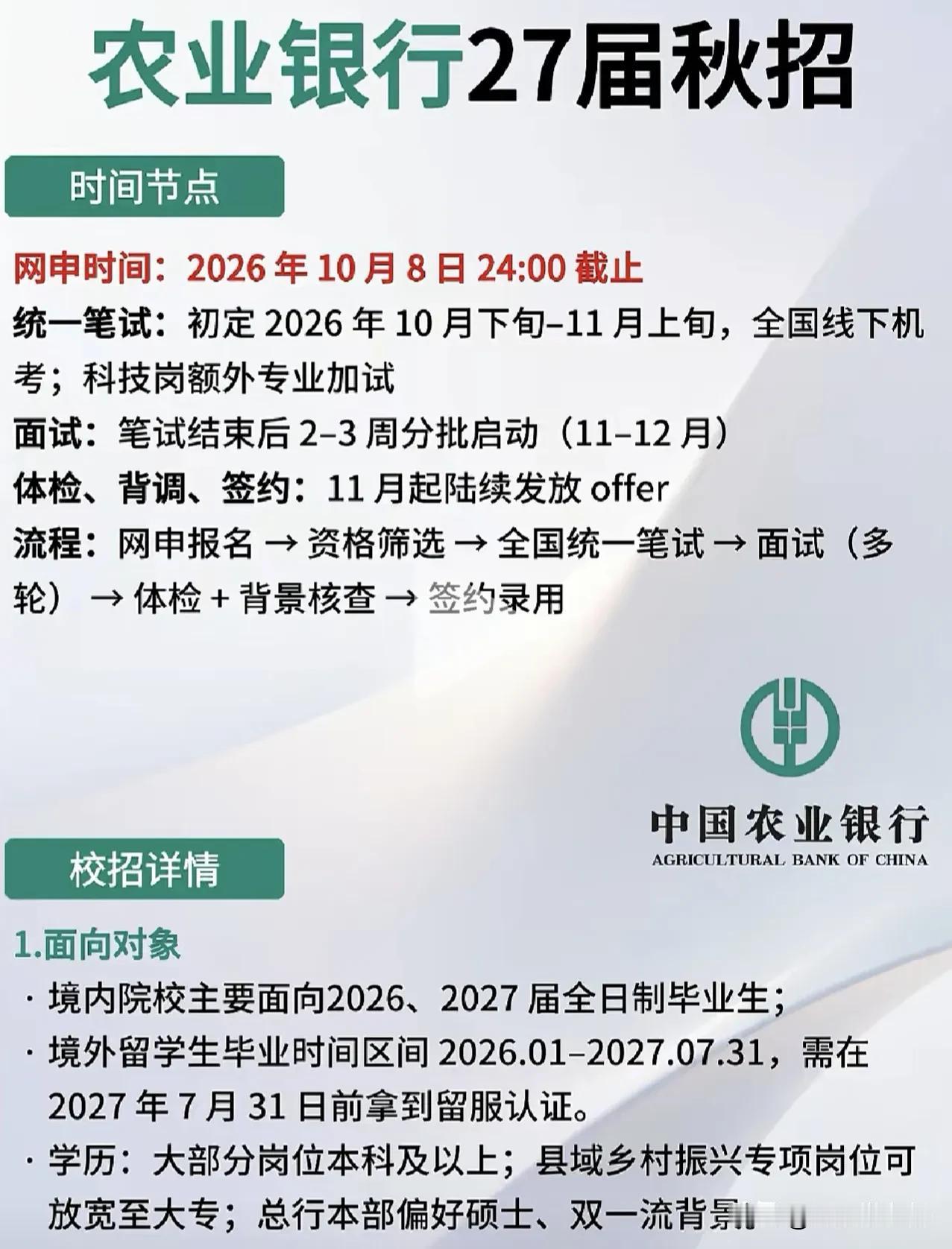同学们，农业银行27届秋招已经摆上台面了，这可是正儿八经的大行机会，千万别当耳边