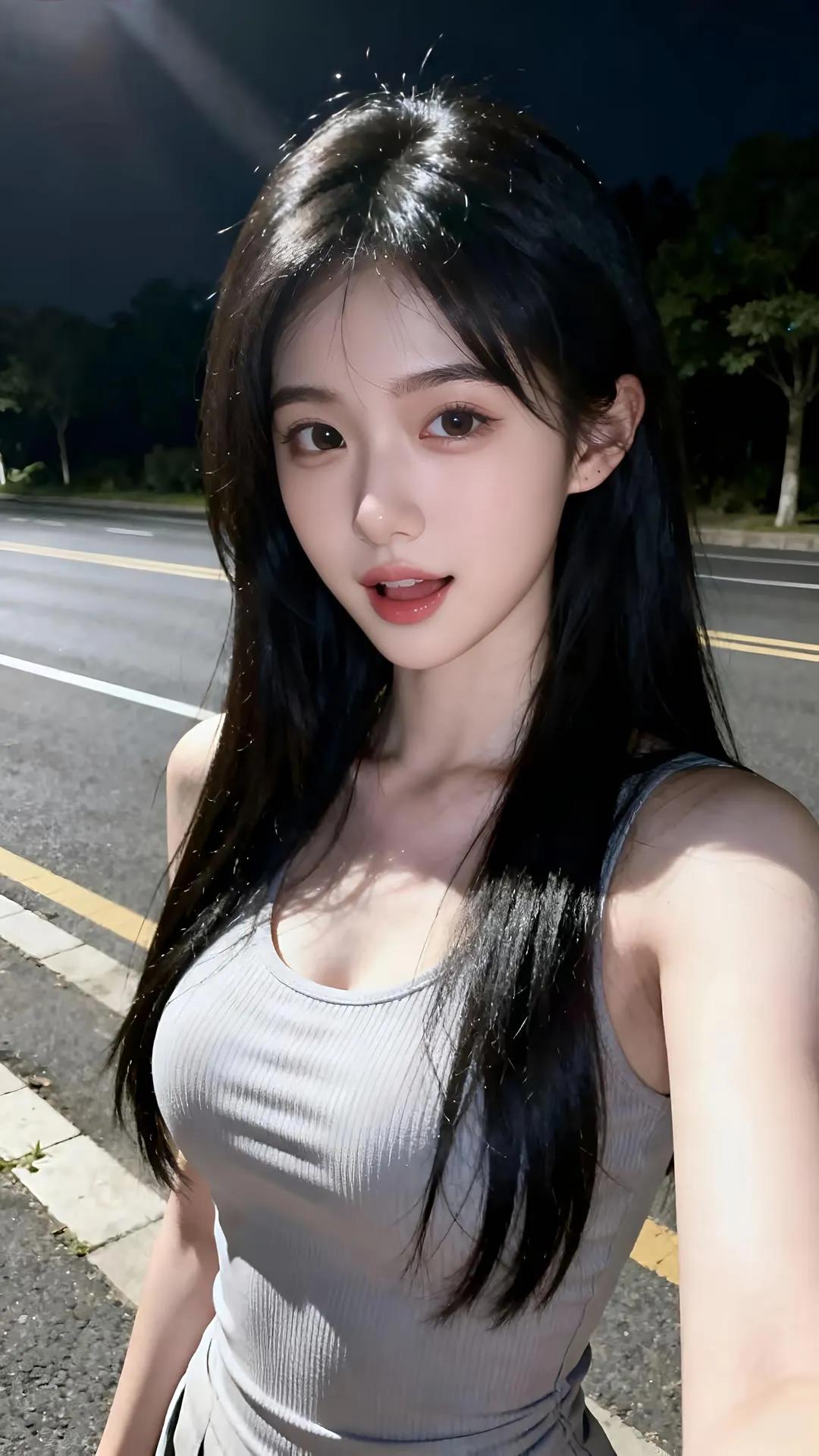 夜晚街头的少女，黑发飘飘，清新动人。街拍高清美女