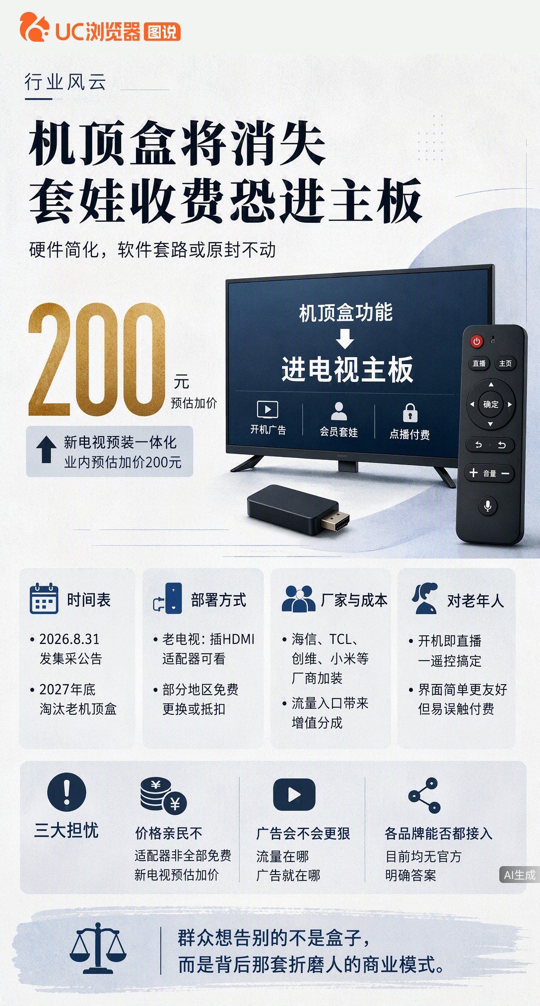 广电推一体化电视，机顶盒2027年底前退场。但硬件精简了，套娃收费和开机广告可能原封不动搬进主板，业