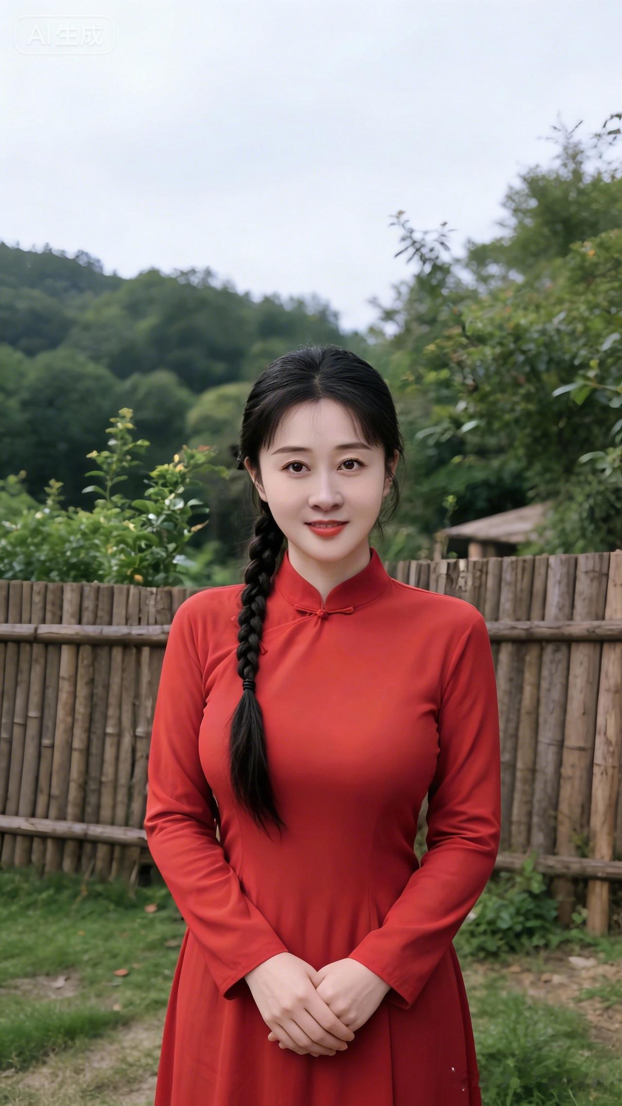 红衣少女，古风韵味，竹林相伴，自然之美。