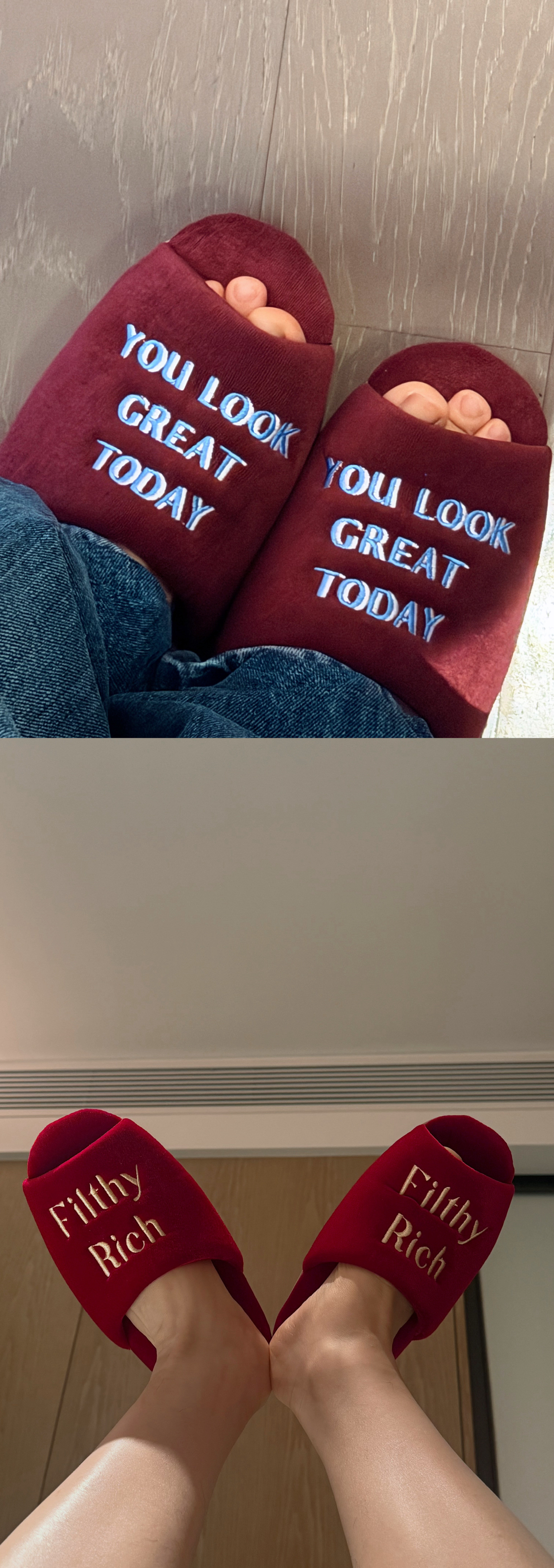 【孙竟飞给我寄了个礼物，一回家我就迫不及待拆开看，是一双拖鞋，上面写着“you