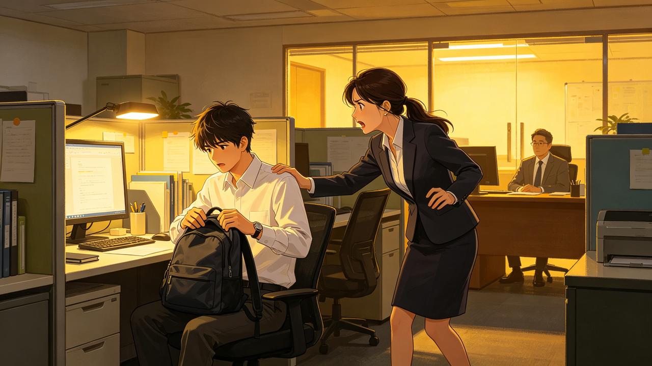 公司六点下班。新来的小伙子第一天到点就收拾东西，邻座大姐赶紧拉住他：“别走，领