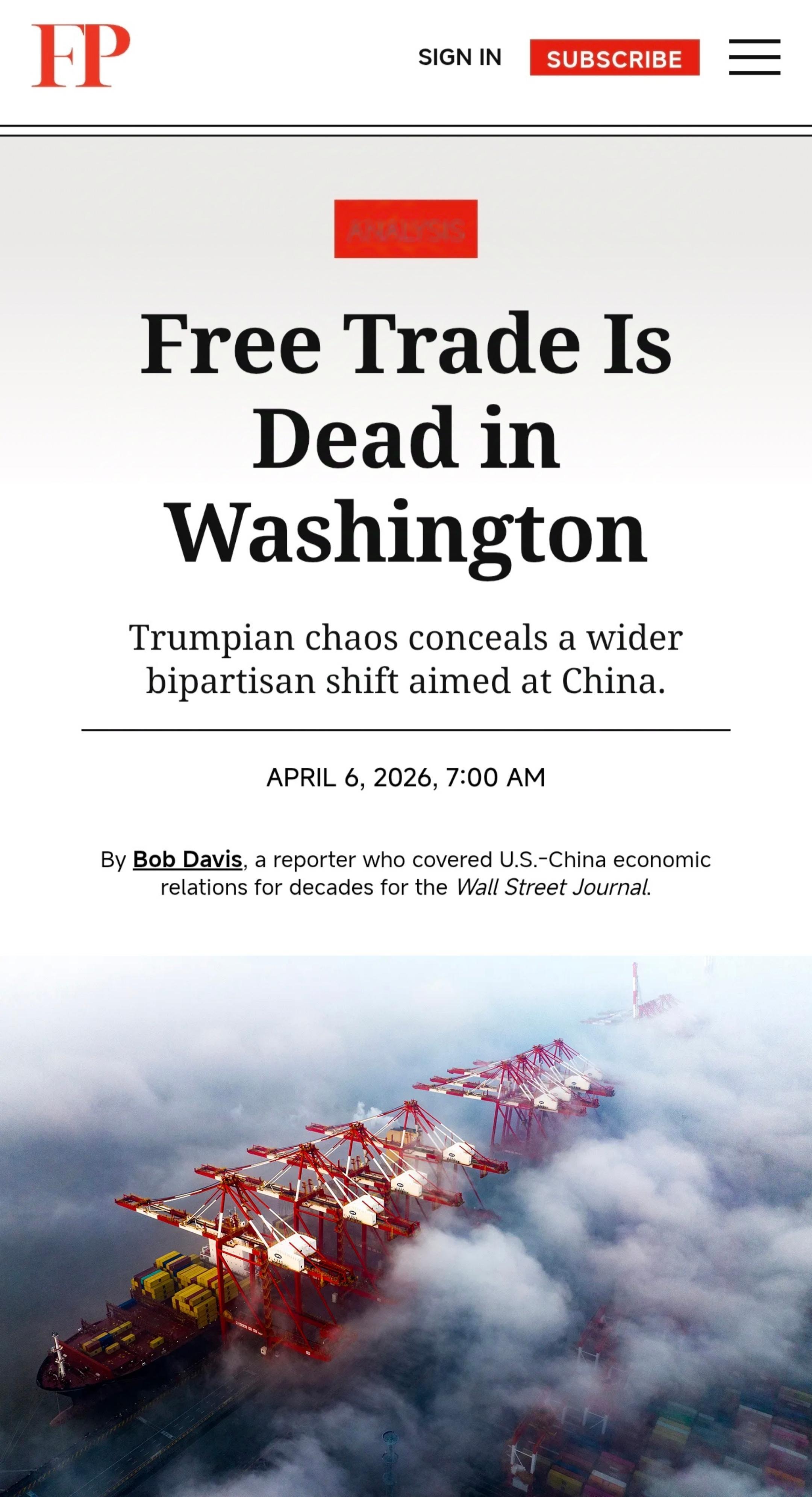 ¹又读到一篇美国人写的“自由贸易已死”的观点文章。这次发表在FP。第一次看到几