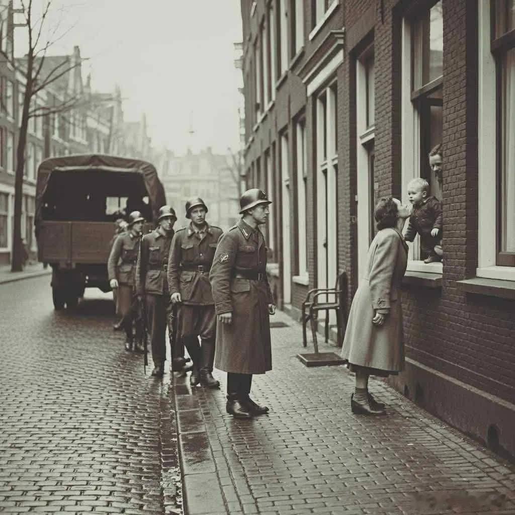 1942年，荷兰地下抵抗组织的一位女性成员被德军逮捕，在带走之前亲吻自己的儿子。