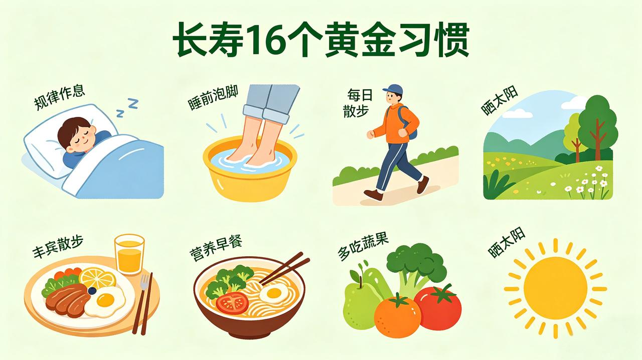 助你长寿的16个好习惯①坚持裸睡，放松身心，拒绝熬夜。②保持规律作息与生活