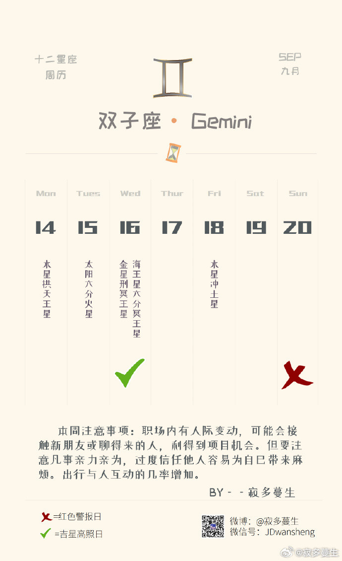 双子座本周运势（09.14-09.20）参考太阳和上升星座整体运势：★★★★感情运势：★★★★工作学