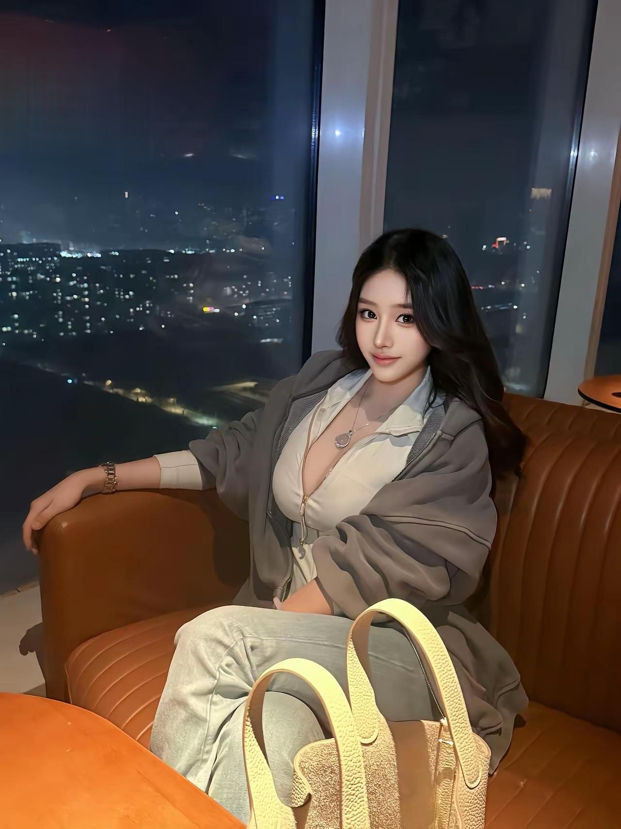 坐在窗边，城市夜景很美。