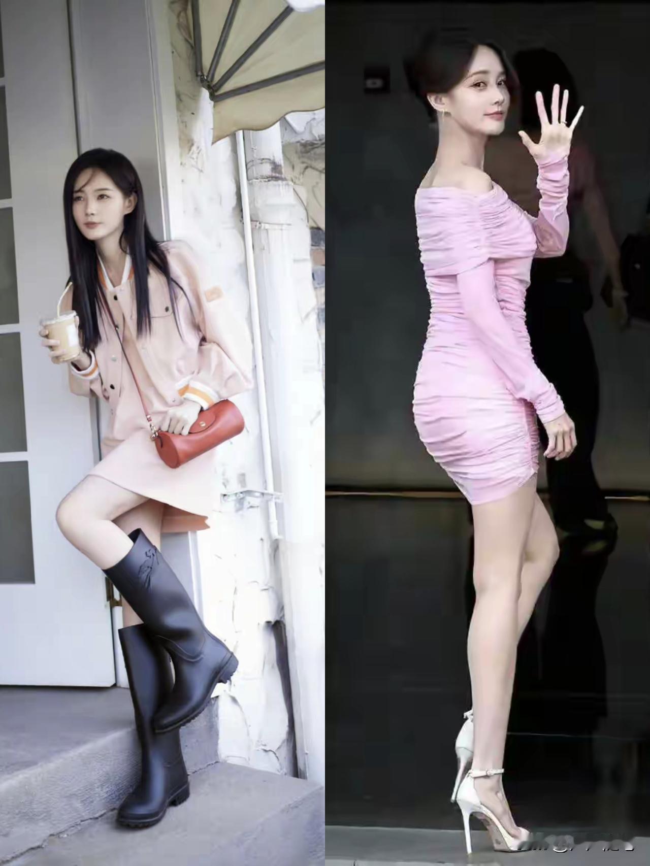 两种风格的穿搭，右边更显腿长。