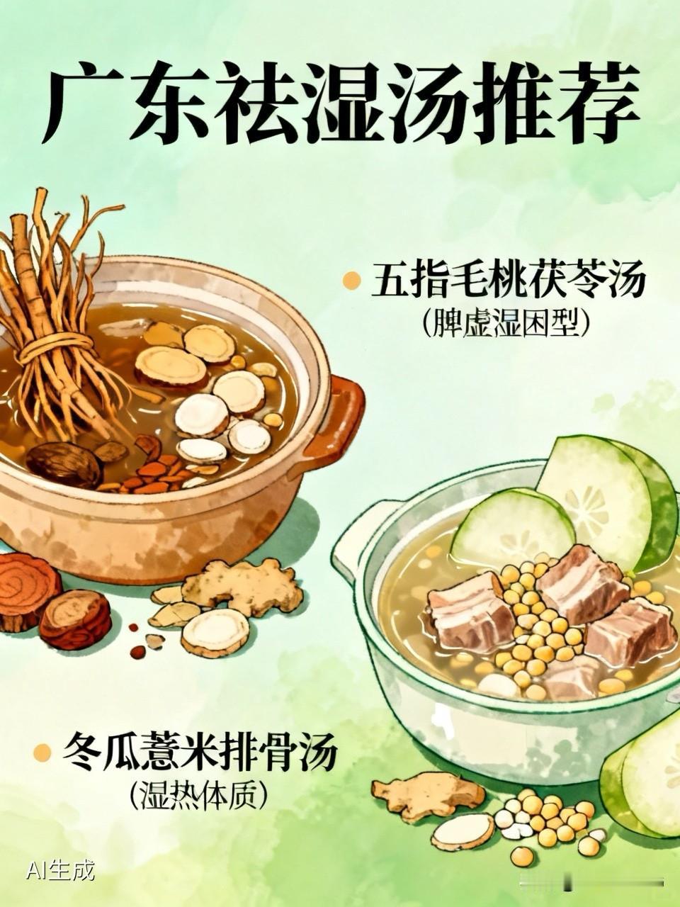 1.五指毛桃茯苓汤（脾虚湿困型）经典食材：五指毛桃、土茯苓、茯苓、白扁豆、