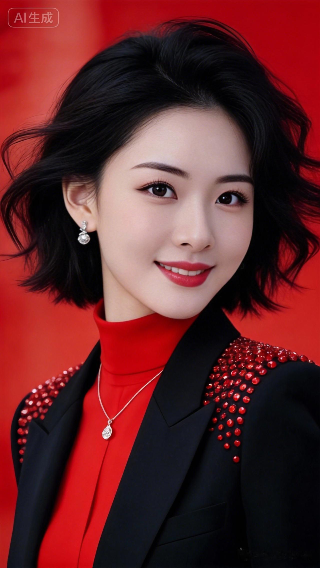 绝色佳人，时尚惊艳，肌肤白皙细腻光滑，大眼双眼皮灵动水汪汪，妩媚动人。短发微卷蓬