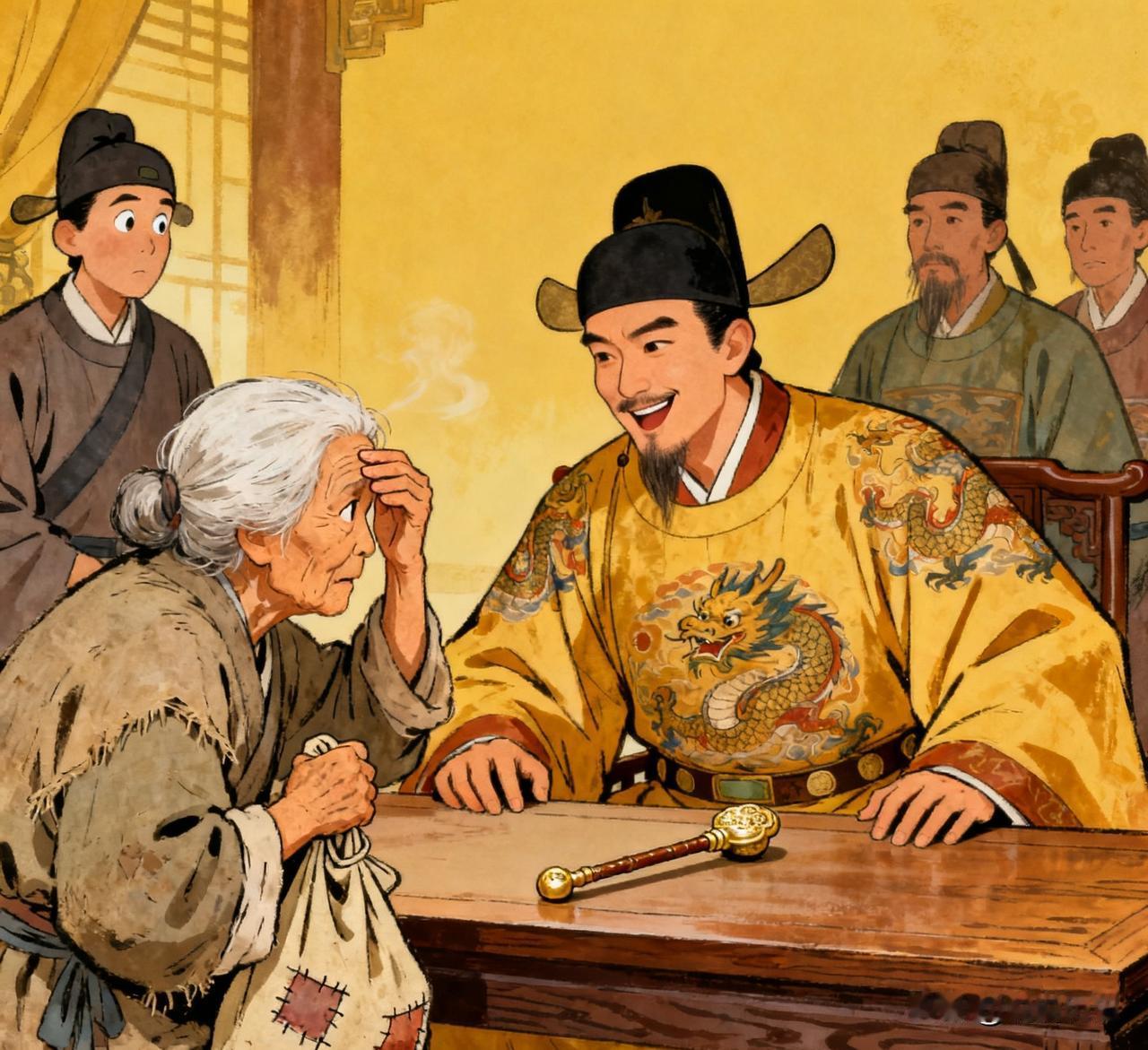 朱元璋见当年接济他的地主婆，笑问：“记得讨饭的我吗？”婆子答：“给你的是稀粥，