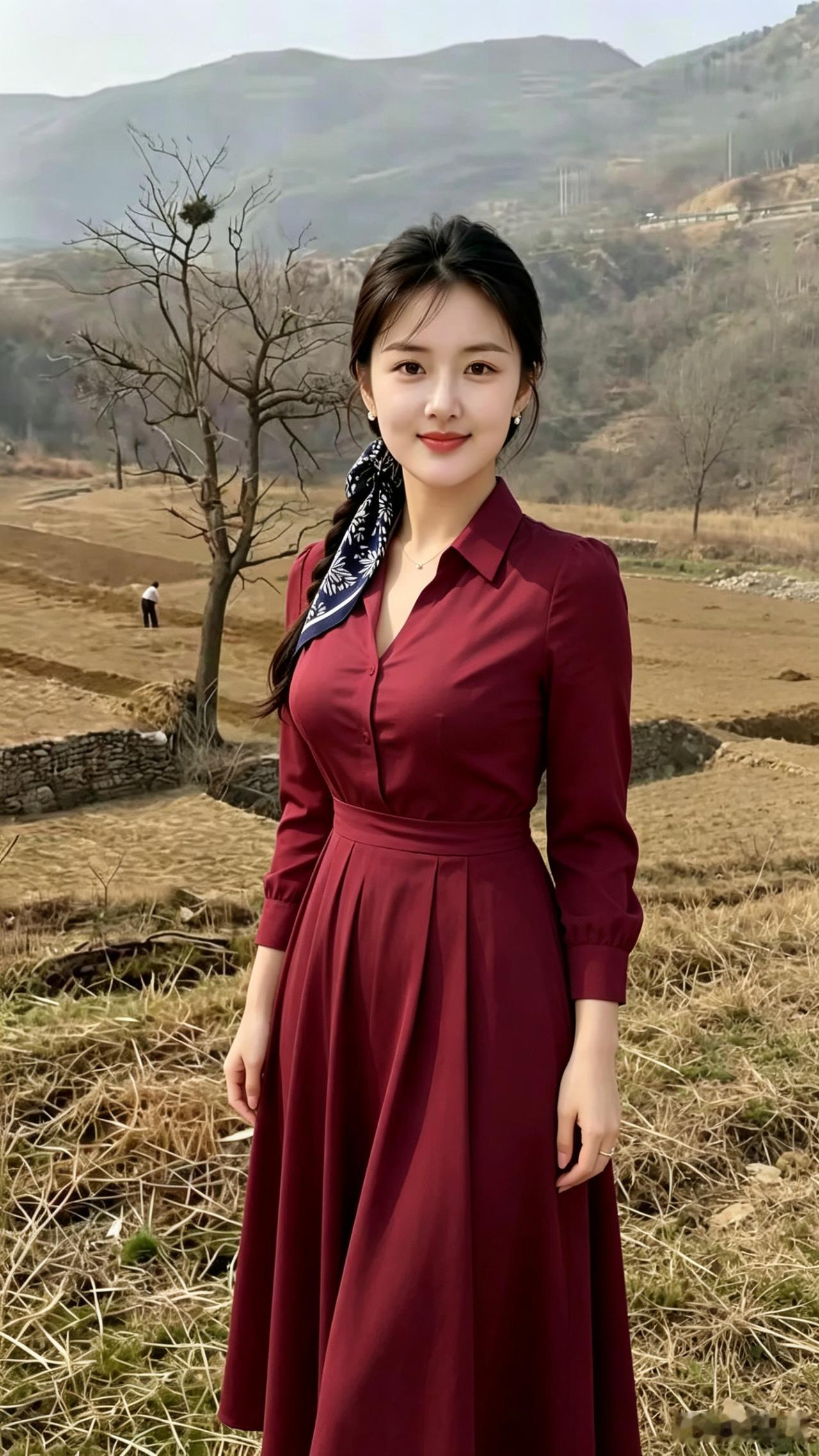 乡间佳人八句诗远山层峦绕农家，沃野平畴种谷芽。素衣温婉姿容妙，蓝巾轻衬秀