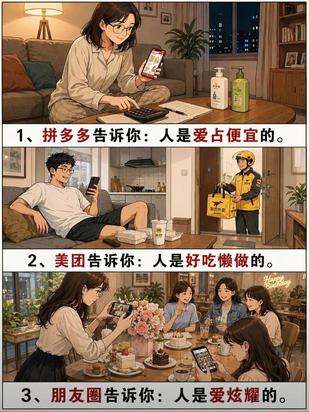 拼多多告诉你：人是爱占便宜的。美团告诉你：人是好吃懒做的。朋友圈告诉你：人是