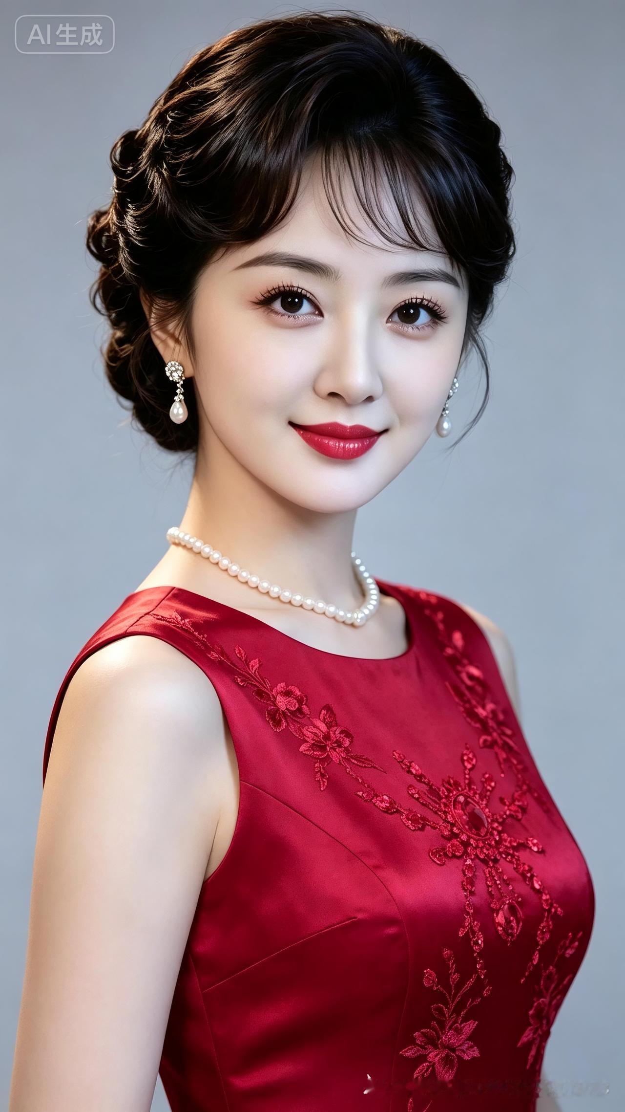 这位女士穿着红色礼服，笑容甜美。