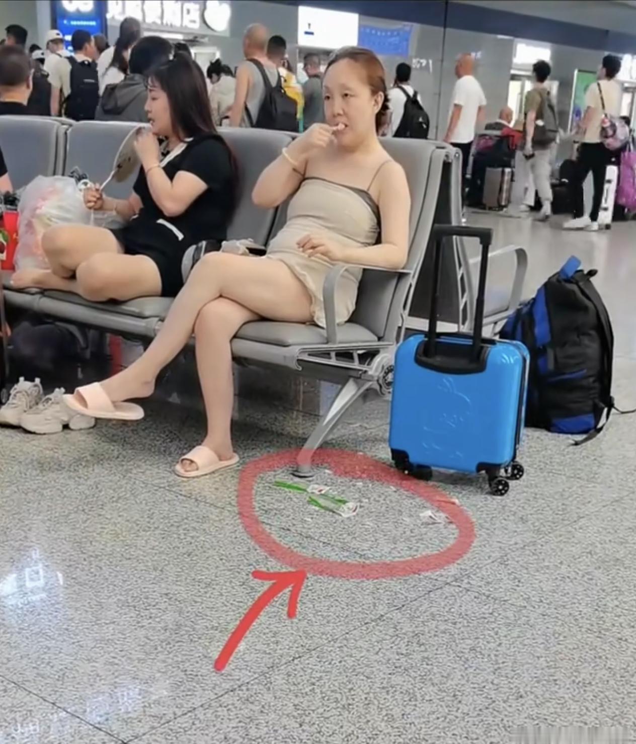 这个老阿姨，垃圾随便扔。外表光鲜鲜，满腹油腻腻。丢垃圾女人