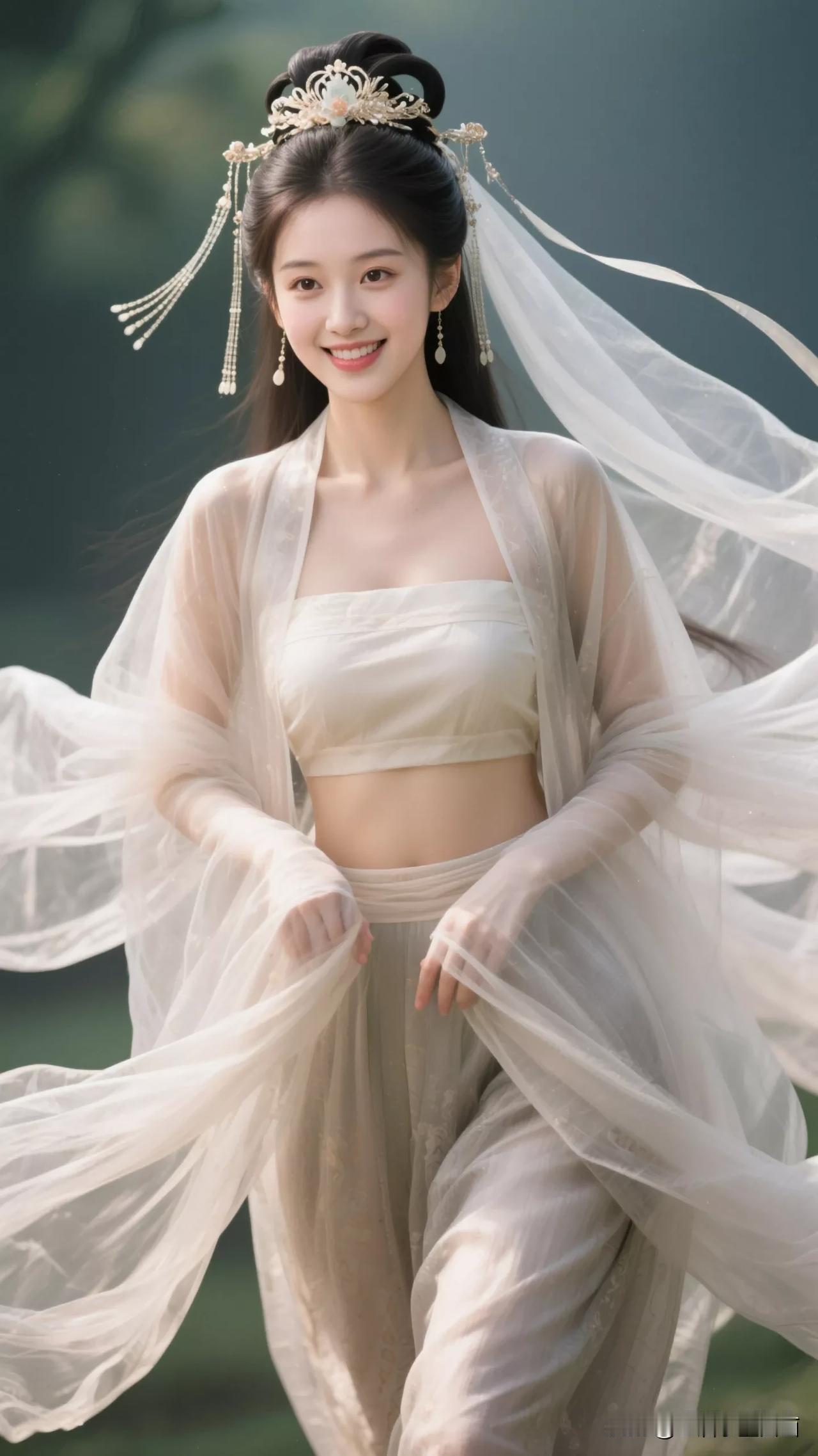 仙气飘飘的汉服美人，轻盈飘逸，宛如画中仙子。张立启原创书画AI作品古仕女发髻服饰