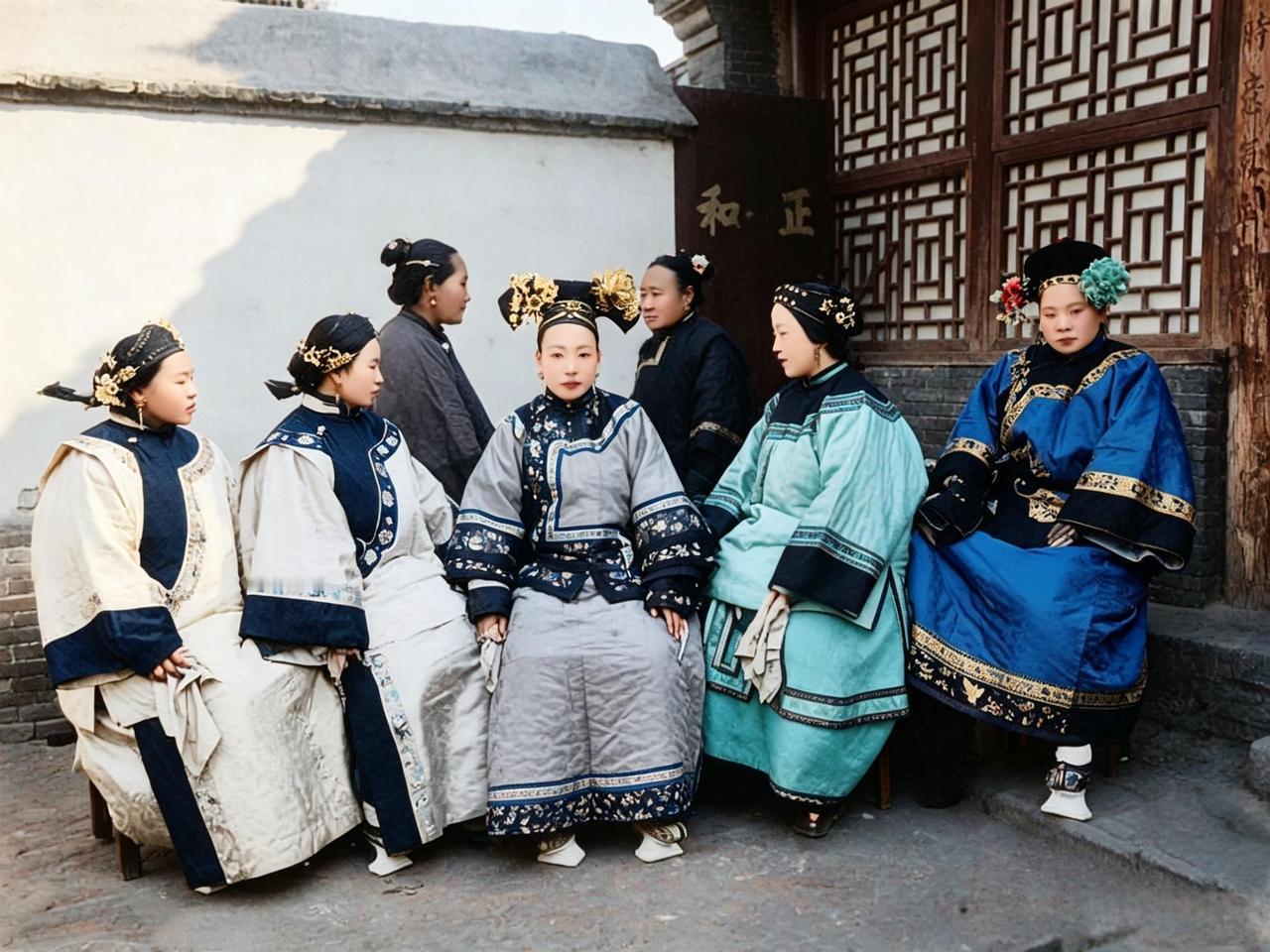 这是一张清末王公府邸的老合影。照片里前排坐着五位贵妇，四位满族，一位汉族，后面立