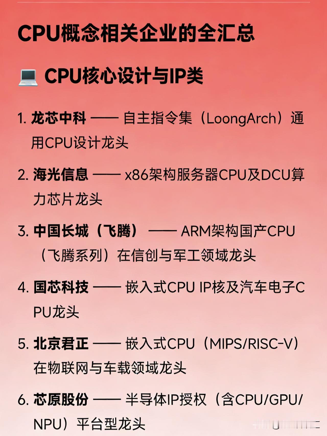 CPU概念相关企业的全汇总CPU核心设计与IP类龙芯中科——自主指