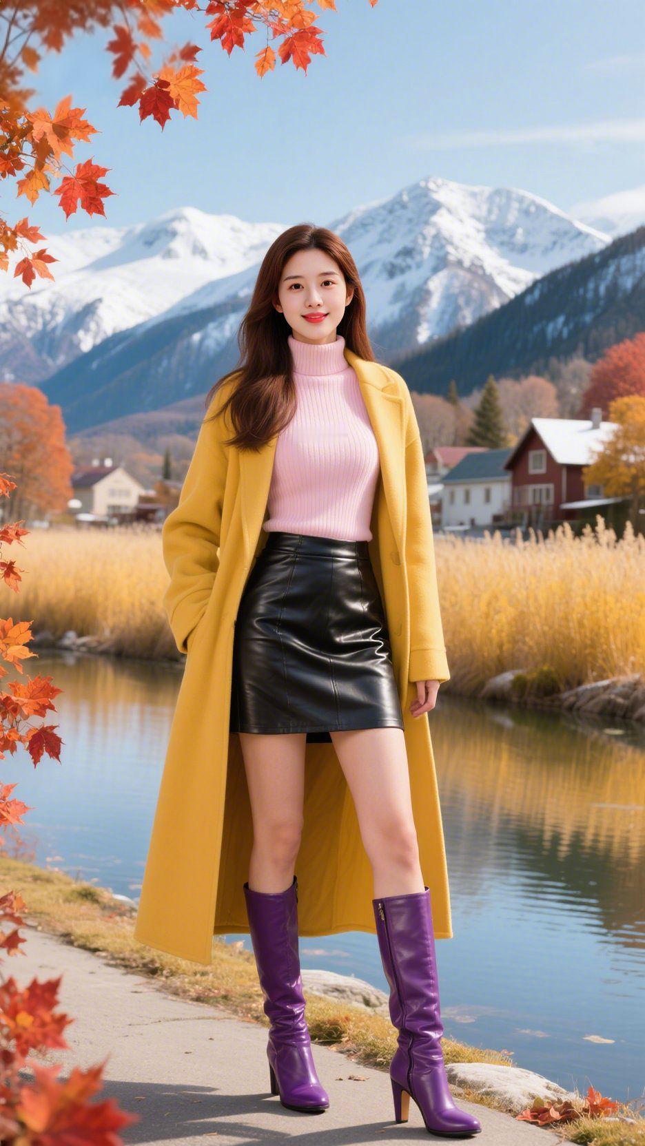 《秋湖旁的色彩柔风》霜叶染红了岸，她立在湖畔，明黄大衣裹着浅粉的软，像把秋