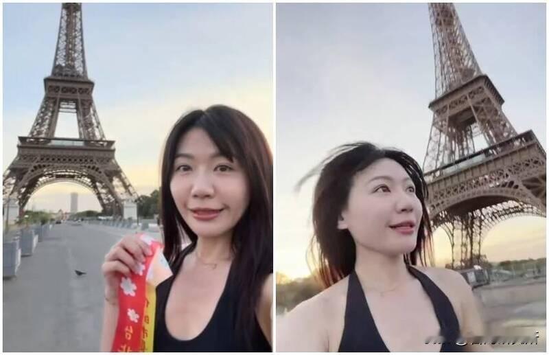 这个“台独”分子在法国晨跑下图是她贴出来的照片在埃菲尔铁塔下