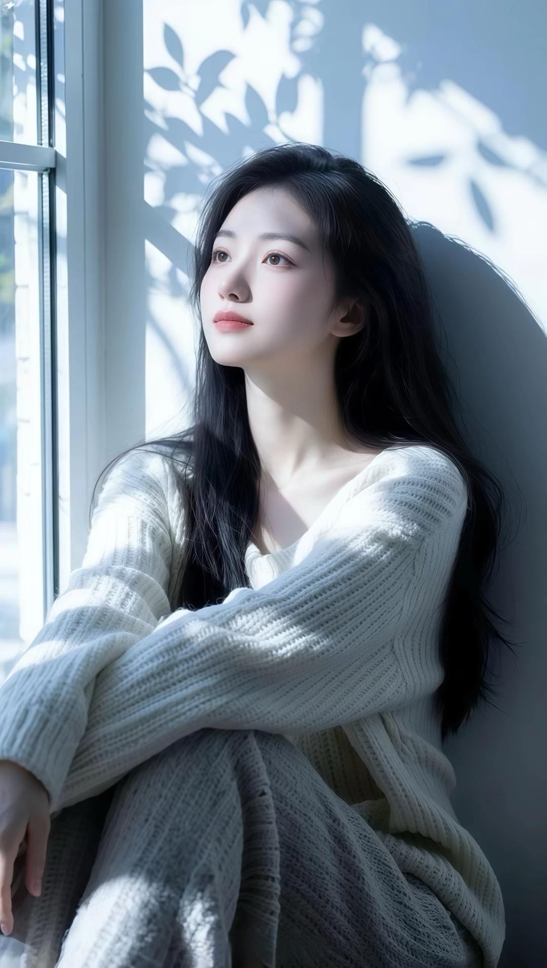 阳光洒进来的午后，静谧的时光里，她沉思着。