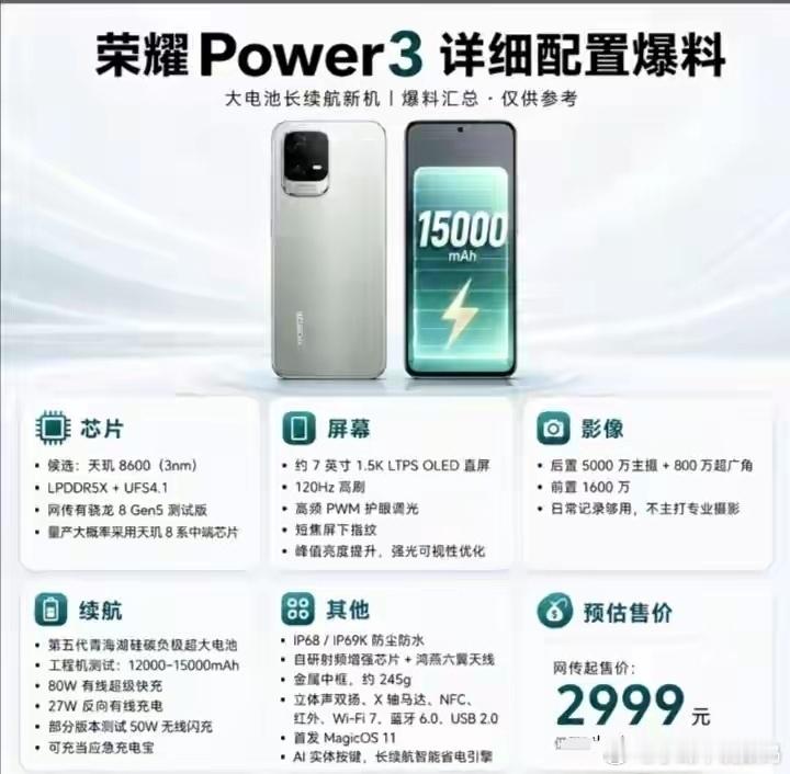 荣耀这是要革充电宝的命？Power3爆料中端机身塞进15000mAh硅碳电池，8