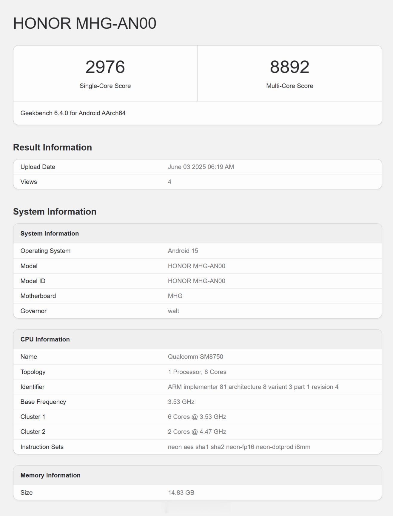 荣耀大折叠MagicV5现身Geekbench6，型号MHG-AN