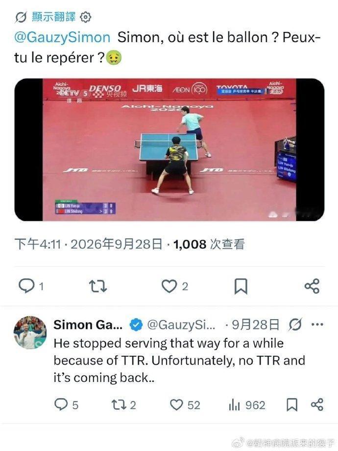 网友问西蒙：林诗栋发球遮挡了吗？西蒙说：由于TTR（鹰眼）的缘故，林诗栋已经很