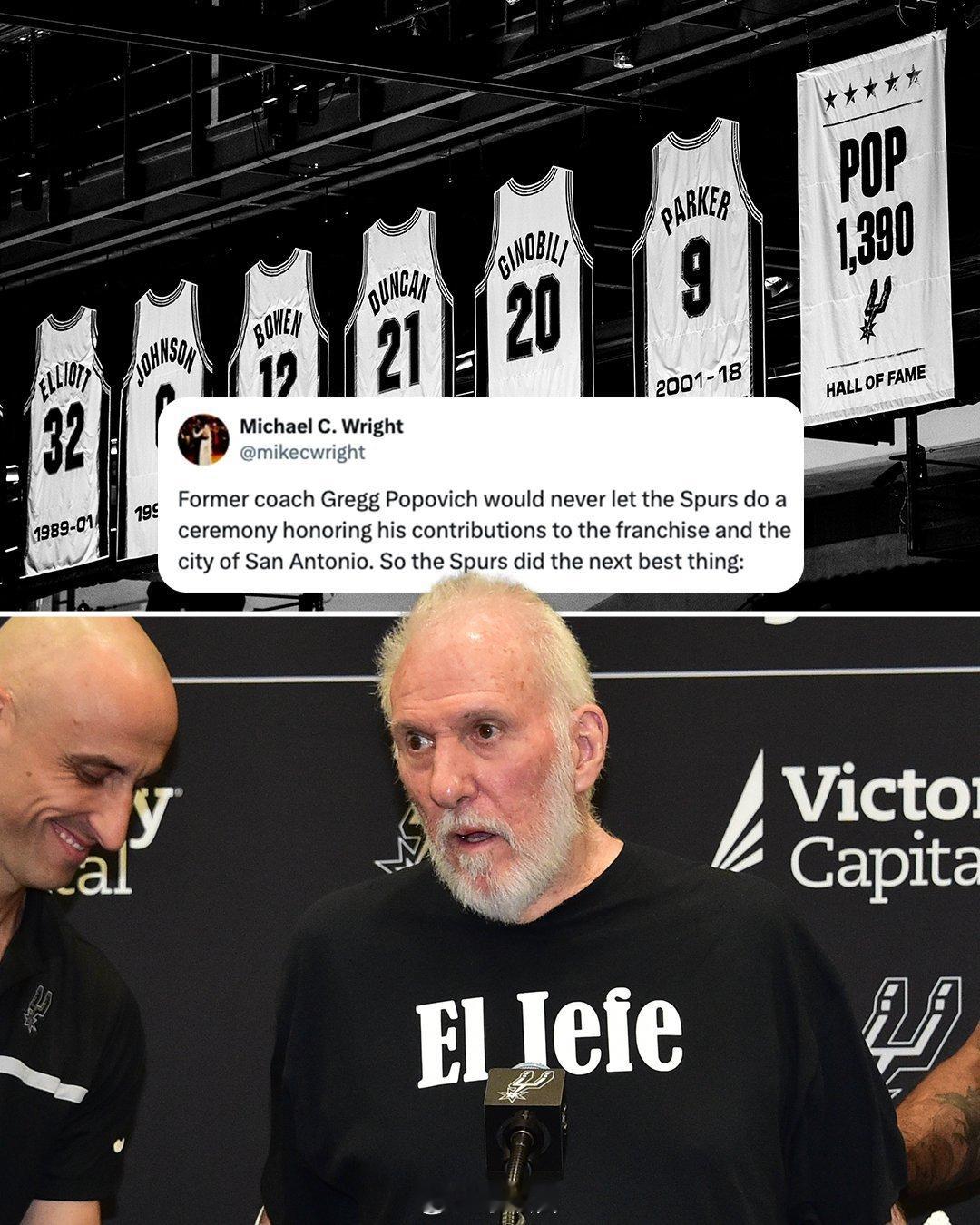 波波维奇不允许马刺给他搞致敬和庆祝仪式，于是他们悄悄在球馆顶棚挂上了一面旗帜：五