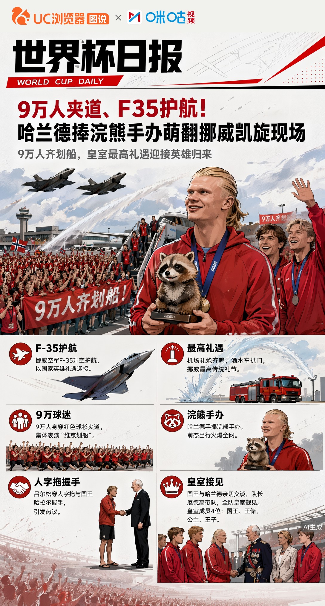 9万人夹道、F35护航！哈兰德捧浣熊手办萌翻挪威凯旋现场