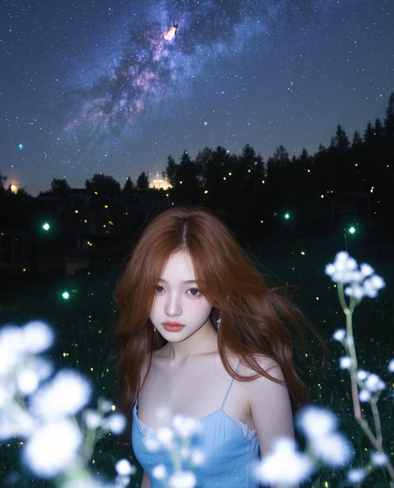 她抬头看星，仿佛与宇宙进行了一场心灵对话。