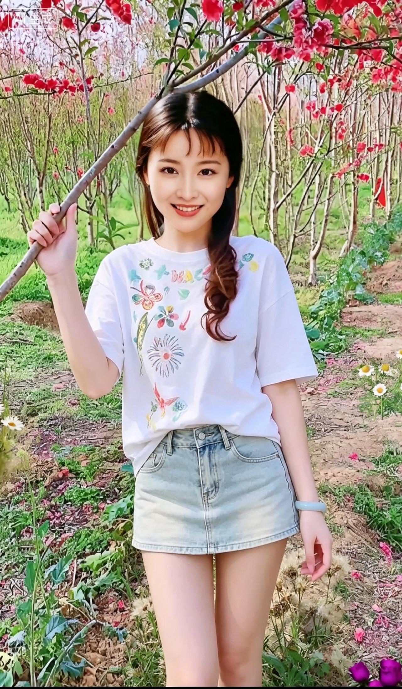 女孩在花海中微笑，真好看！